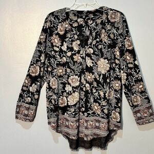 Lucky Brand Blouse Womens XL‎ Black Floral Viscose Boho Henley Tunic Top Chic